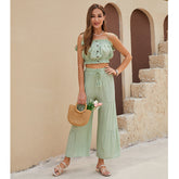 2pcs Button Up Ruched Cami Crop Top & Ruffled Pants Set Sai Feel